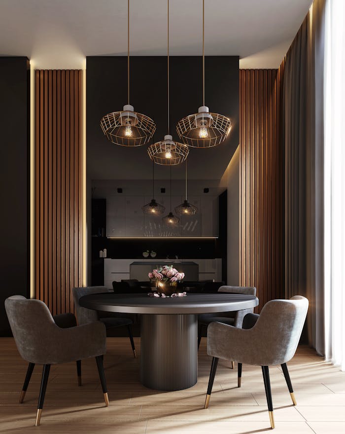 services-03 A sophisticated, contemporary dining room with elegant lighting and luxurious furnishings.